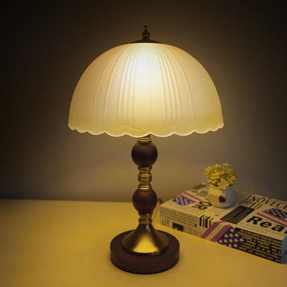 Modern Mid-Century Dome Glass Shade Rubberwood Iron Base 1-Light Table Lamp For Bedroom