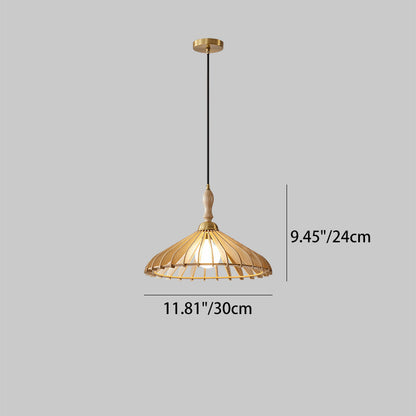 Modern Minimalist Conical Grid Shade Pendant Light In Ash Wood & Brass 1-Light For Living Room