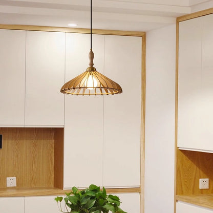 Modern Minimalist Conical Grid Shade Pendant Light In Ash Wood & Brass 1-Light For Living Room