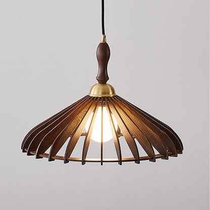 Modern Minimalist Conical Grid Shade Pendant Light In Ash Wood & Brass 1-Light For Living Room