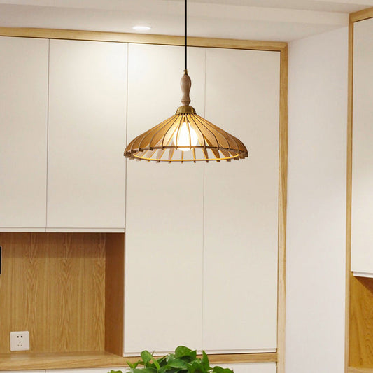 Modern Minimalist Conical Grid Shade Pendant Light In Ash Wood & Brass 1-Light For Living Room