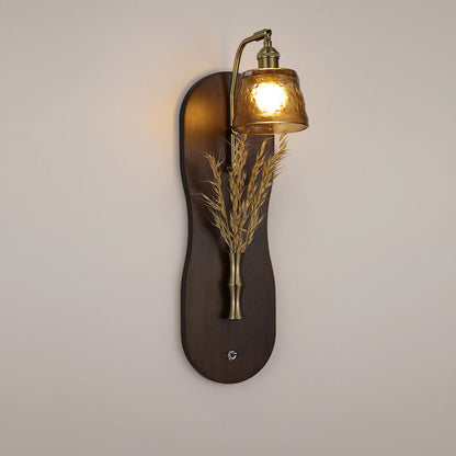 Modern Mid-Century Wheat Shaped Iron Glass Wall Sconce Lamp With Rubberwood Base 1-Light For Bedroom