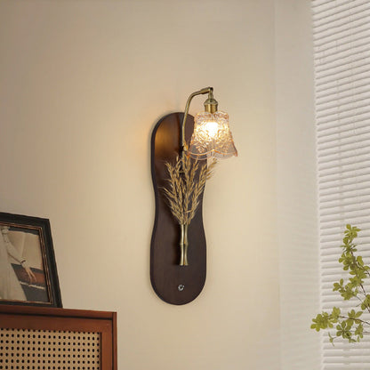 Modern Mid-Century Wheat Shaped Iron Glass Wall Sconce Lamp With Rubberwood Base 1-Light For Bedroom