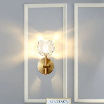 Contemporary Scandinavian Diamond-Shaped Crystal Wall Sconce Lamp With Iron Base 1-Light For Bedroom