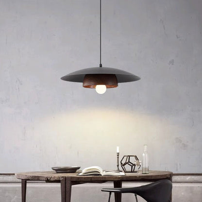 Traditional Chinese Wood Grain Round Iron Shade 1-Light Pendant Light For Living Room