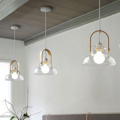 Modern Minimalist Cylinder Glass Wood Iron 1-Light Pendant Light For Living Room