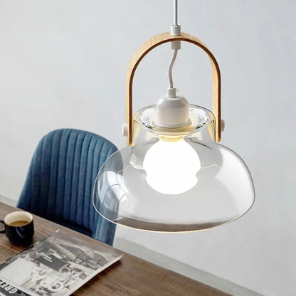 Modern Minimalist Cylinder Glass Wood Iron 1-Light Pendant Light For Living Room
