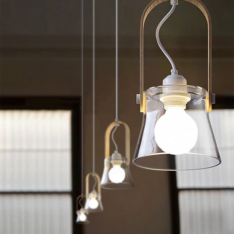 Modern Minimalist Cylinder Glass Wood Iron 1-Light Pendant Light For Living Room