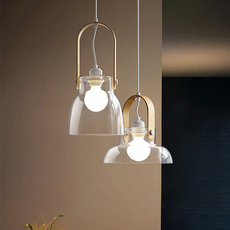 Modern Minimalist Cylinder Glass Wood Iron 1-Light Pendant Light For Living Room
