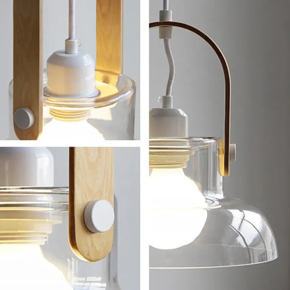 Modern Minimalist Cylinder Glass Wood Iron 1-Light Pendant Light For Living Room