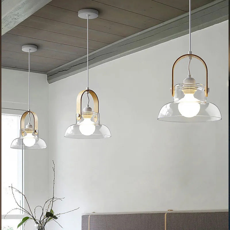 Modern Minimalist Cylinder Glass Wood Iron 1-Light Pendant Light For Living Room