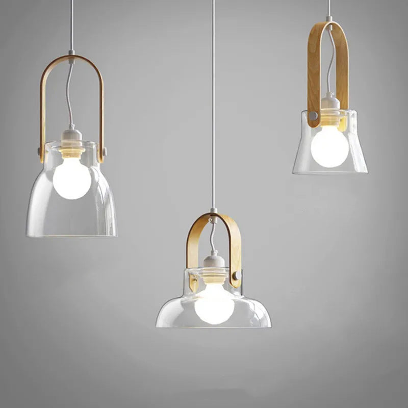 Modern Minimalist Cylinder Glass Wood Iron 1-Light Pendant Light For Living Room