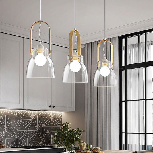 Modern Minimalist Cylinder Glass Wood Iron 1-Light Pendant Light For Living Room
