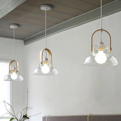 Modern Minimalist Cylinder Glass Wood Iron 1-Light Pendant Light For Living Room
