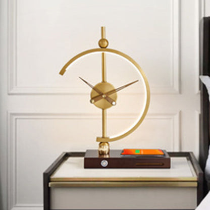 Contemporary Creative Clock Round Aluminum Acrylic Table Lamp With Solid Wood Base LED For Bedroom