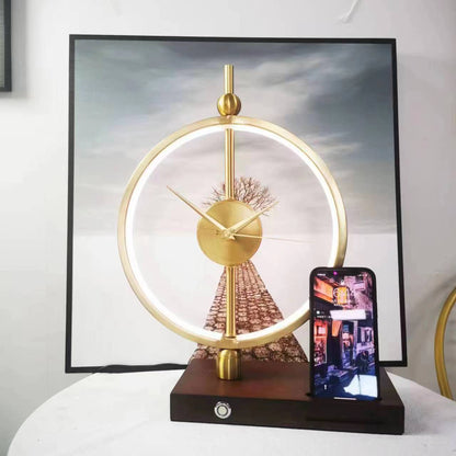 Contemporary Creative Clock Round Aluminum Acrylic Table Lamp With Solid Wood Base LED For Bedroom
