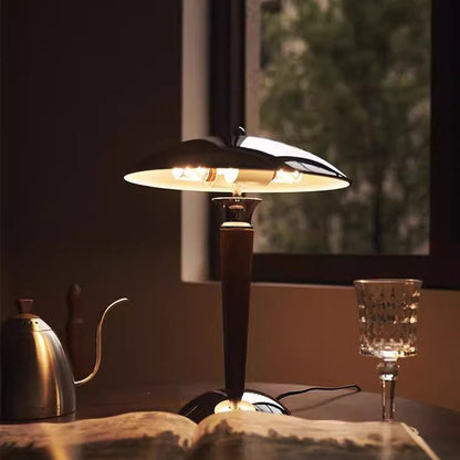 Traditional Japanese Mushroom Round Shade Iron Solid Wood 2-Light Table Lamp For Bedroom