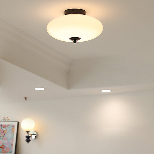 Modern Mid-Century Bauhaus Round Iron Glass LED Semi-Flush Mount Ceiling Light For Bedroom