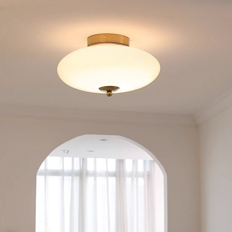 Modern Mid-Century Bauhaus Round Iron Glass LED Semi-Flush Mount Ceiling Light For Bedroom