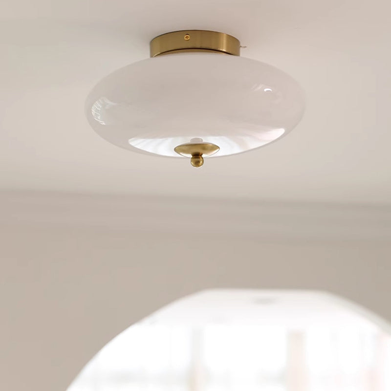 Modern Mid-Century Bauhaus Round Iron Glass LED Semi-Flush Mount Ceiling Light For Bedroom