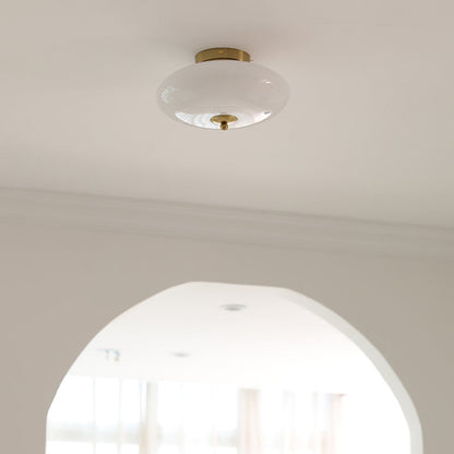 Modern Mid-Century Bauhaus Round Iron Glass LED Semi-Flush Mount Ceiling Light For Bedroom