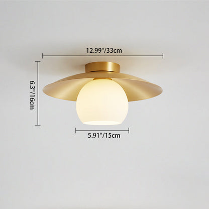 Contemporary Scandinavian Spherical Glass Shade Semi-Flush Mount Ceiling Light With Solid Brass Base 1-Light For Bedroom
