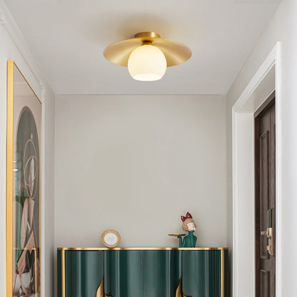 Contemporary Scandinavian Spherical Glass Shade Semi-Flush Mount Ceiling Light With Solid Brass Base 1-Light For Bedroom