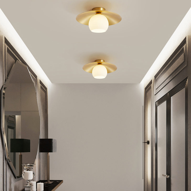 Contemporary Scandinavian Spherical Glass Shade Semi-Flush Mount Ceiling Light With Solid Brass Base 1-Light For Bedroom