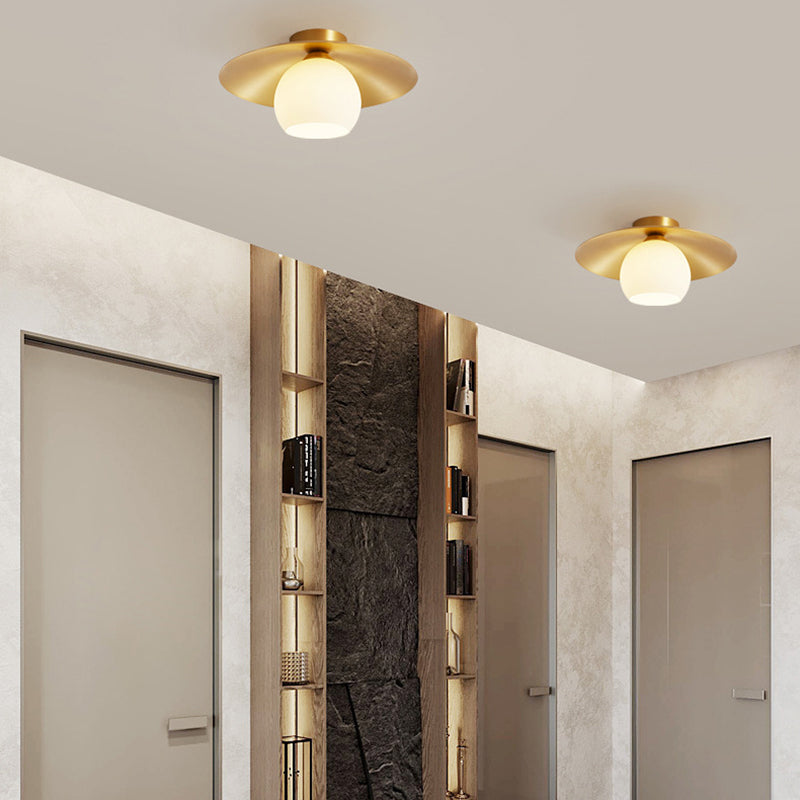 Contemporary Scandinavian Spherical Glass Shade Semi-Flush Mount Ceiling Light With Solid Brass Base 1-Light For Bedroom