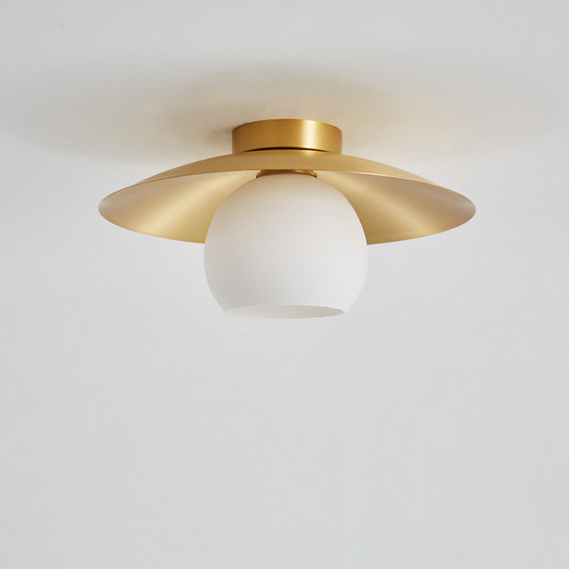 Contemporary Scandinavian Spherical Glass Shade Semi-Flush Mount Ceiling Light With Solid Brass Base 1-Light For Bedroom
