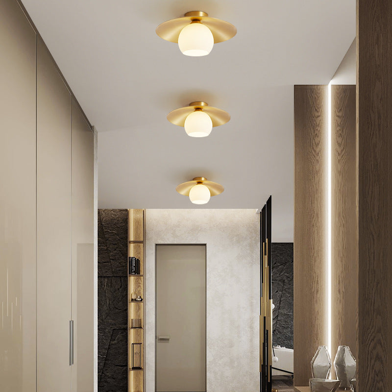 Contemporary Scandinavian Spherical Glass Shade Semi-Flush Mount Ceiling Light With Solid Brass Base 1-Light For Bedroom