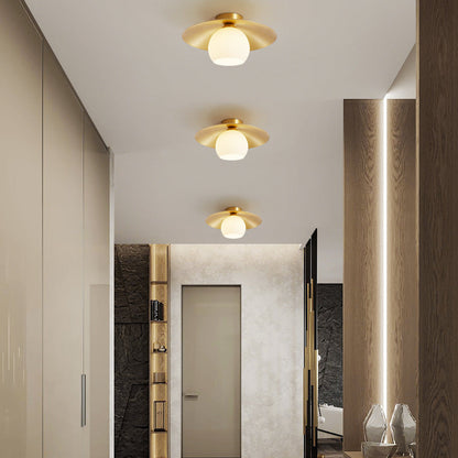 Contemporary Scandinavian Spherical Glass Shade Semi-Flush Mount Ceiling Light With Solid Brass Base 1-Light For Bedroom