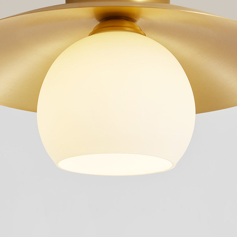 Contemporary Scandinavian Spherical Glass Shade Semi-Flush Mount Ceiling Light With Solid Brass Base 1-Light For Bedroom