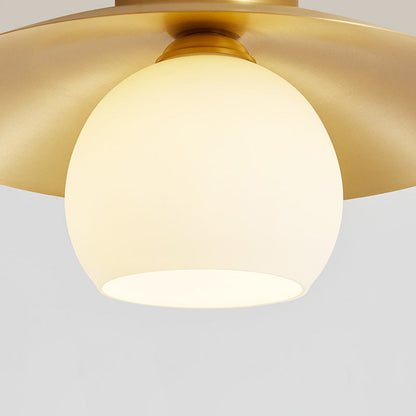 Contemporary Scandinavian Spherical Glass Shade Semi-Flush Mount Ceiling Light With Solid Brass Base 1-Light For Bedroom