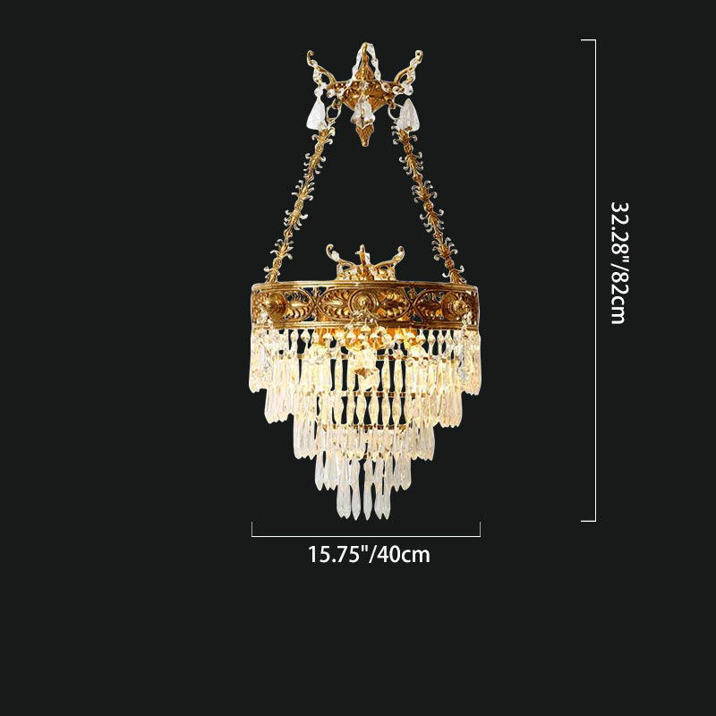 Traditional French Crown Round Brass Crystal 3-Light Wall Sconce Lamp For Living Room