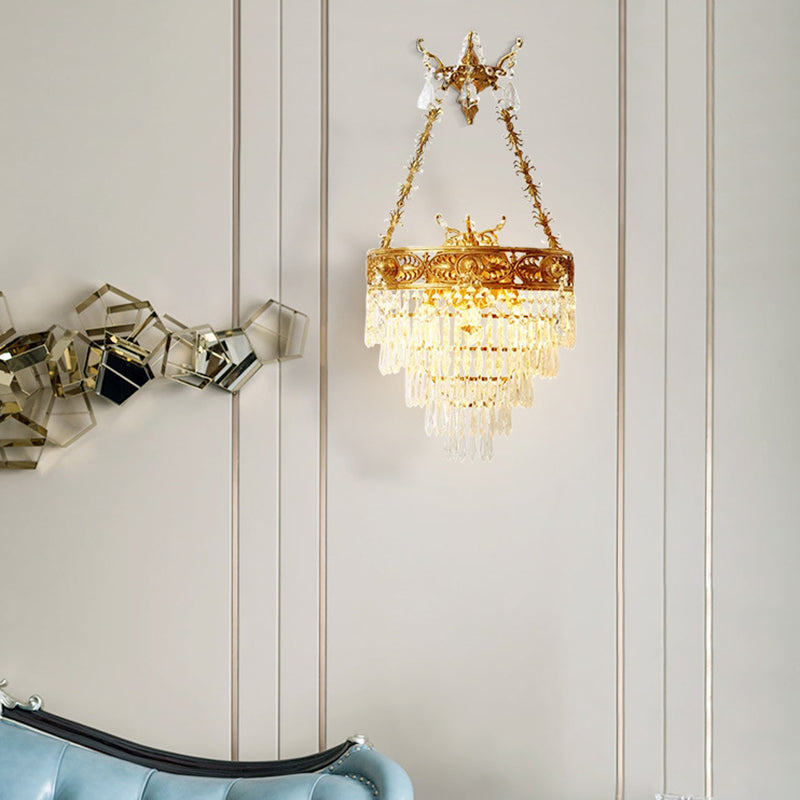 Traditional French Crown Round Brass Crystal 3-Light Wall Sconce Lamp For Living Room