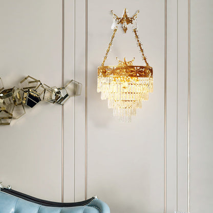 Traditional French Crown Round Brass Crystal 3-Light Wall Sconce Lamp For Living Room