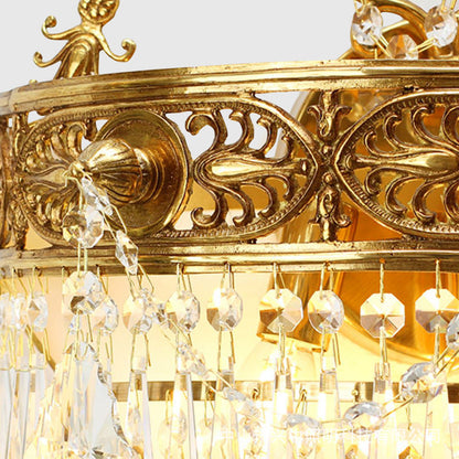 Traditional French Crown Round Brass Crystal 3-Light Wall Sconce Lamp For Living Room