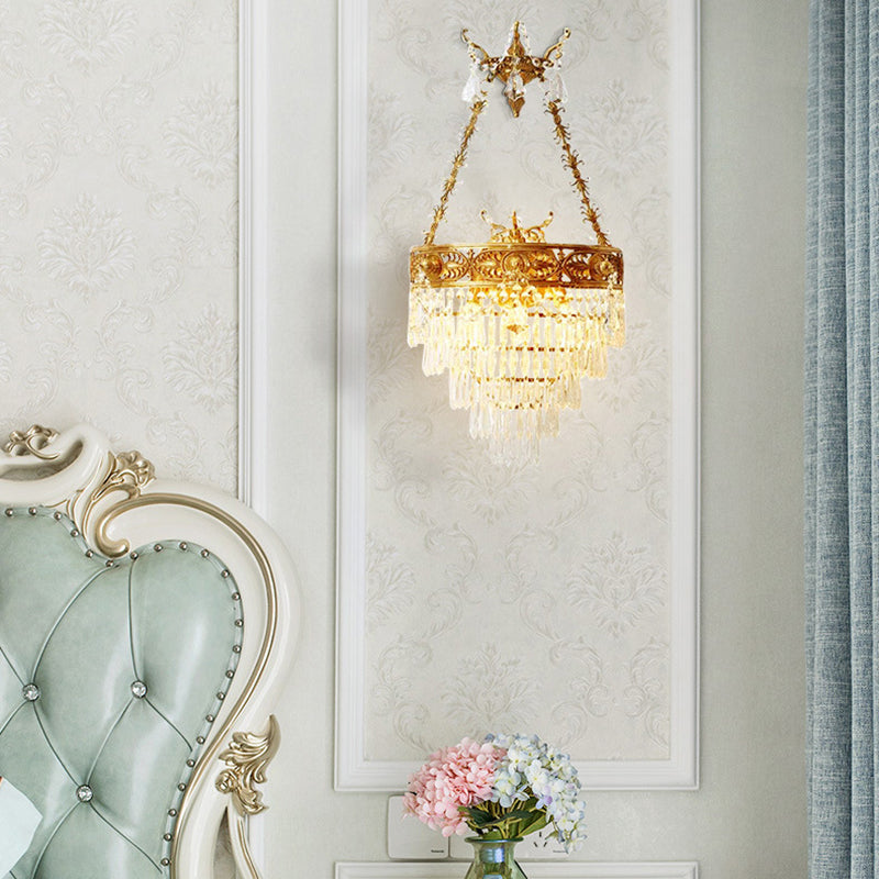 Traditional French Crown Round Brass Crystal 3-Light Wall Sconce Lamp For Living Room