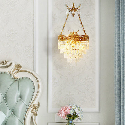 Traditional French Crown Round Brass Crystal 3-Light Wall Sconce Lamp For Living Room
