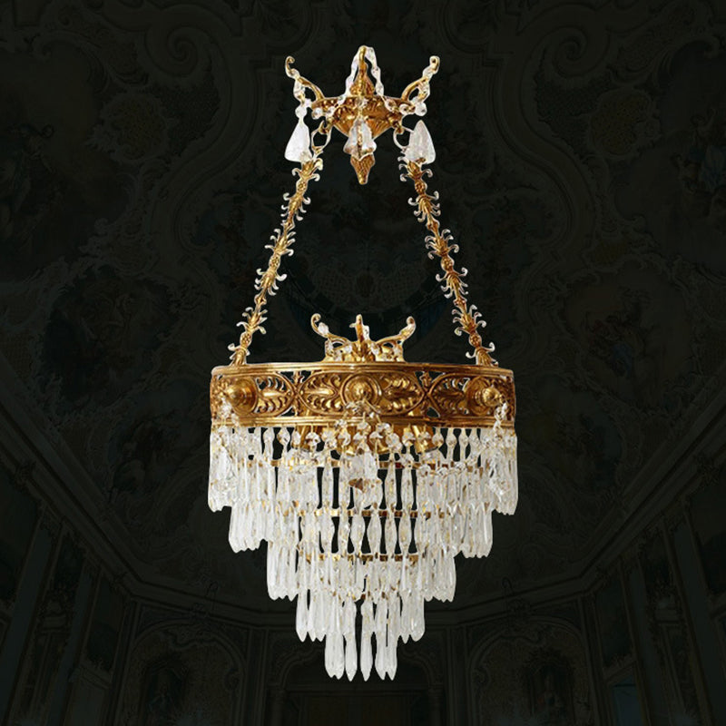 Traditional French Crown Round Brass Crystal 3-Light Wall Sconce Lamp For Living Room