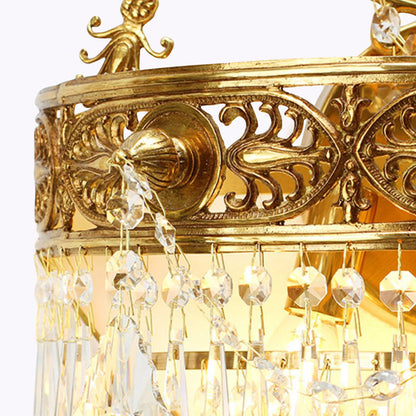 Traditional French Crown Round Brass Crystal 3-Light Wall Sconce Lamp For Living Room