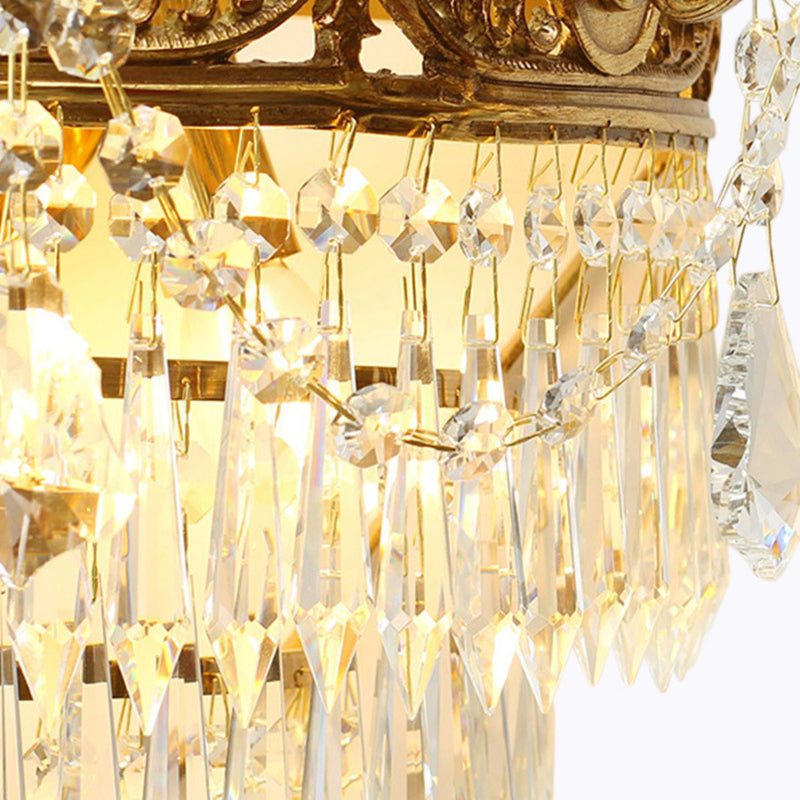 Traditional French Crown Round Brass Crystal 3-Light Wall Sconce Lamp For Living Room