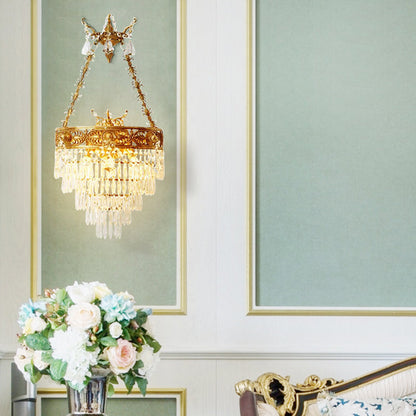 Traditional French Crown Round Brass Crystal 3-Light Wall Sconce Lamp For Living Room