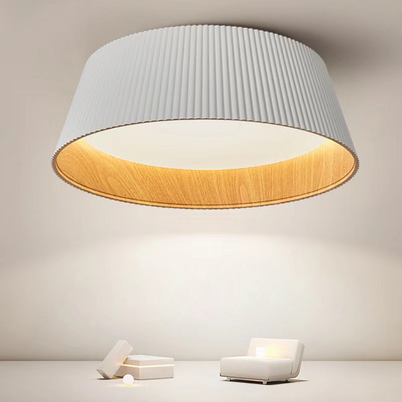 Modern Minimalist Wooden Grain Cylinder Iron Acrylic LED Flush Mount Ceiling Light For Bedroom