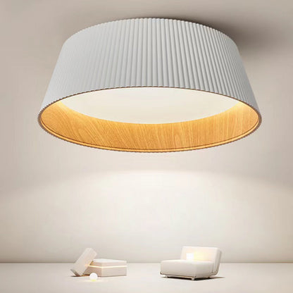 Modern Minimalist Wooden Grain Cylinder Iron Acrylic LED Flush Mount Ceiling Light For Bedroom
