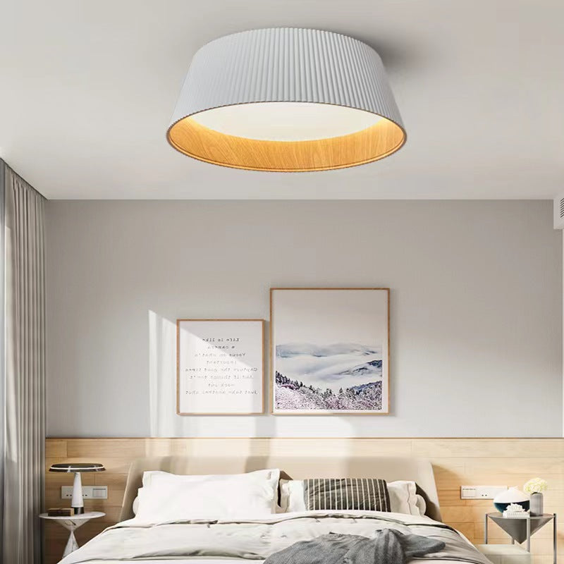 Modern Minimalist Wooden Grain Cylinder Iron Acrylic LED Flush Mount Ceiling Light For Bedroom