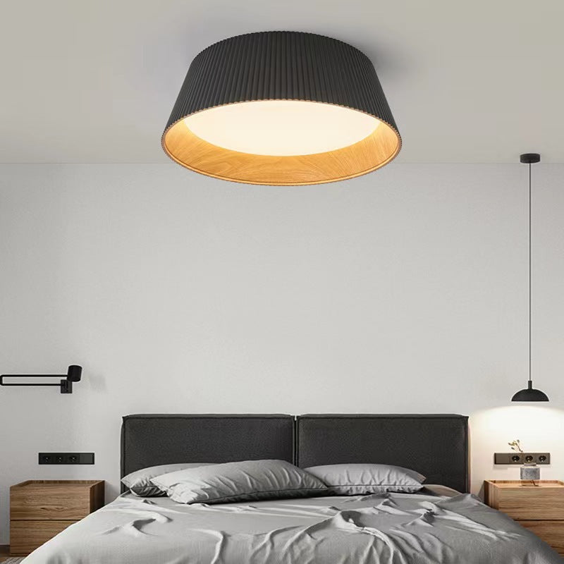 Modern Minimalist Wooden Grain Cylinder Iron Acrylic LED Flush Mount Ceiling Light For Bedroom