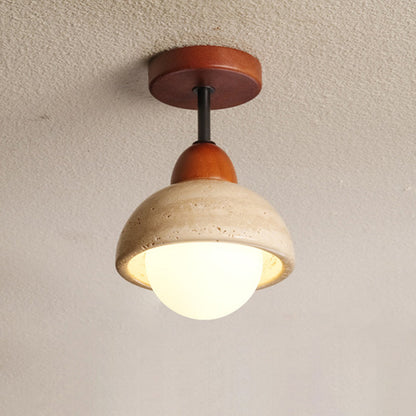 Traditional Japanese Wabi-Sabi Cylinder Yellow Travertine Solid Wood 1-Light Semi-Flush Mount Ceiling Light For Bedroom