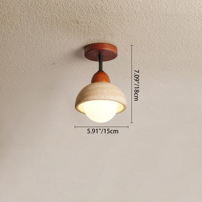 Traditional Japanese Wabi-Sabi Cylinder Yellow Travertine Solid Wood 1-Light Semi-Flush Mount Ceiling Light For Bedroom